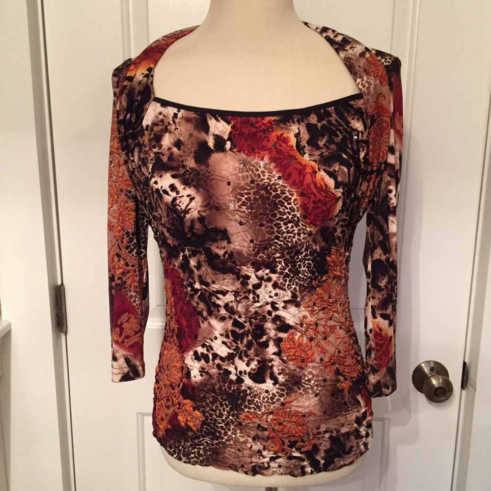 JOSEPH RIBKOFF TOP STRETCH PUCKER BROWN BLACK ORANGE PRINT Tagged 10 Fits S